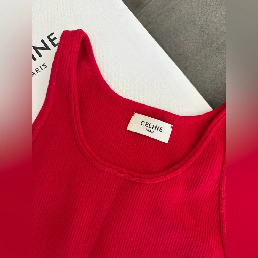 Celine Red Graphic Print Scoop Neck Crop Top Size S Logo Top - Picture 5 of 16